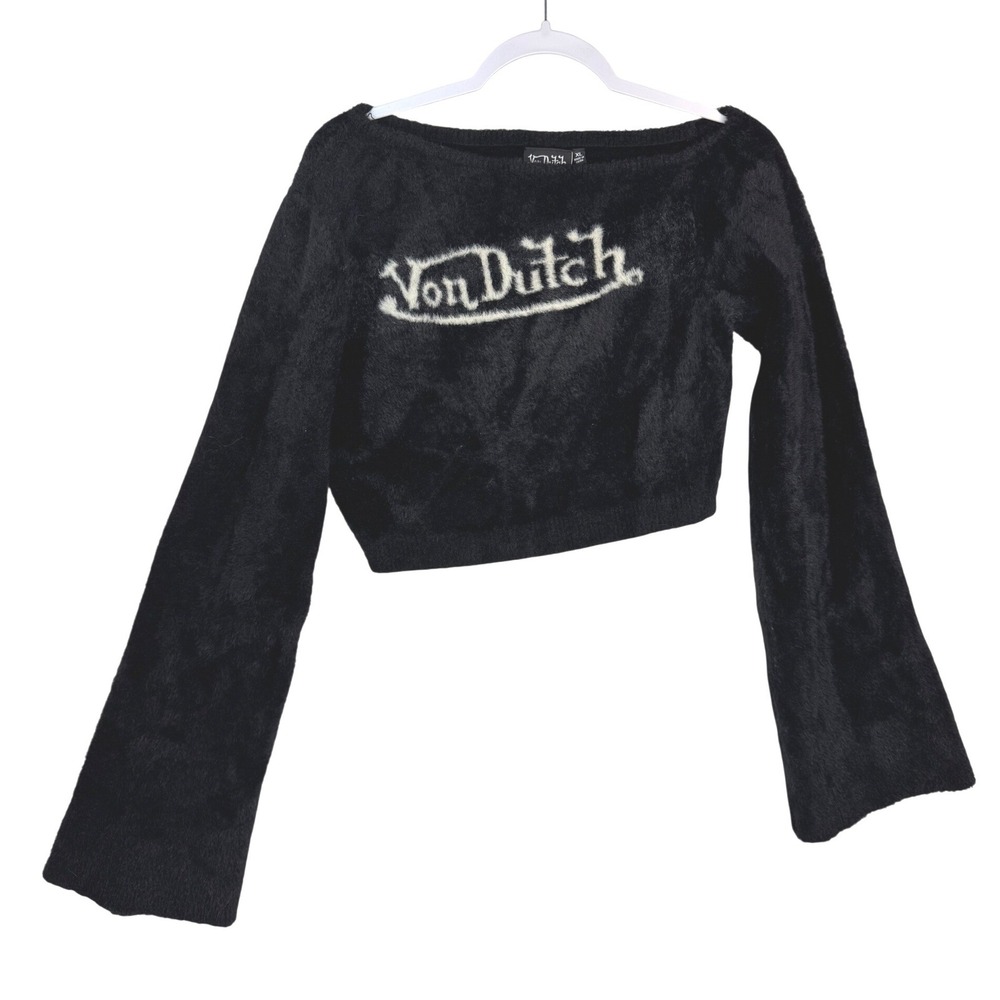 Von Dutch Women Black Fuzzy Eyelash Knit Cropped Bell Sleeve Logo Sweater XL